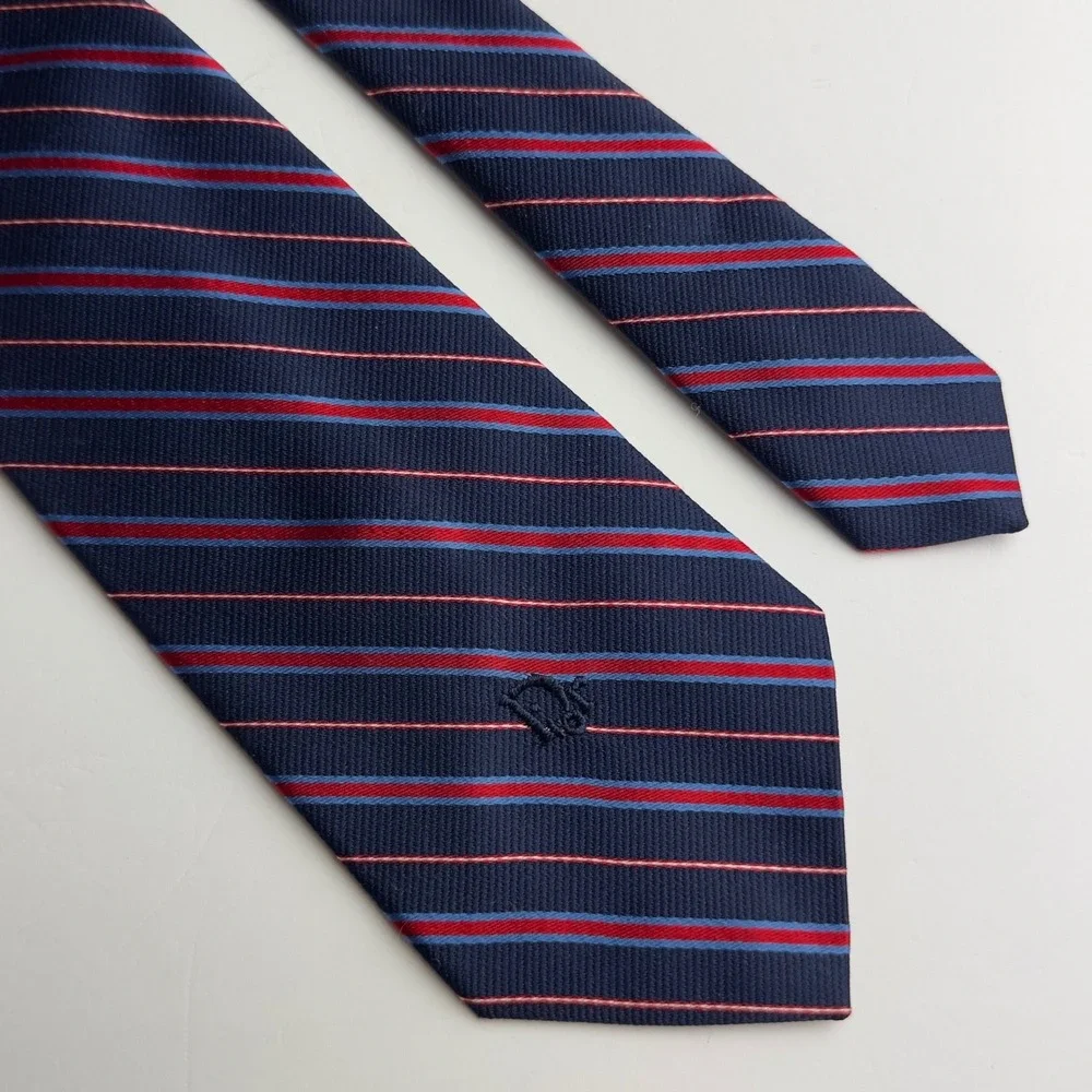 Christian Dior Mens Silk Blend Striped Necktie Navy Blue Red CD Logo Preppy